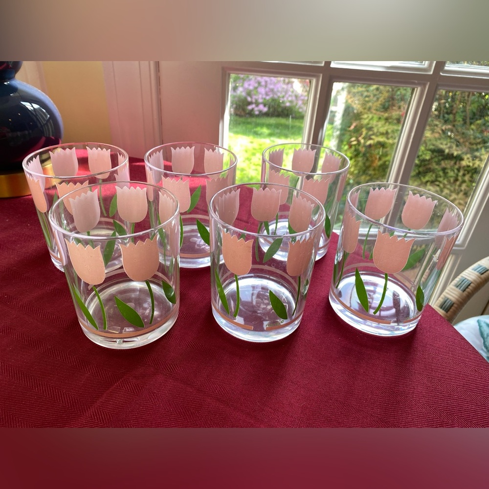 Vintage MCM H.J. Stotter Set of 6 Pink Tulip Acrylic Tumblers